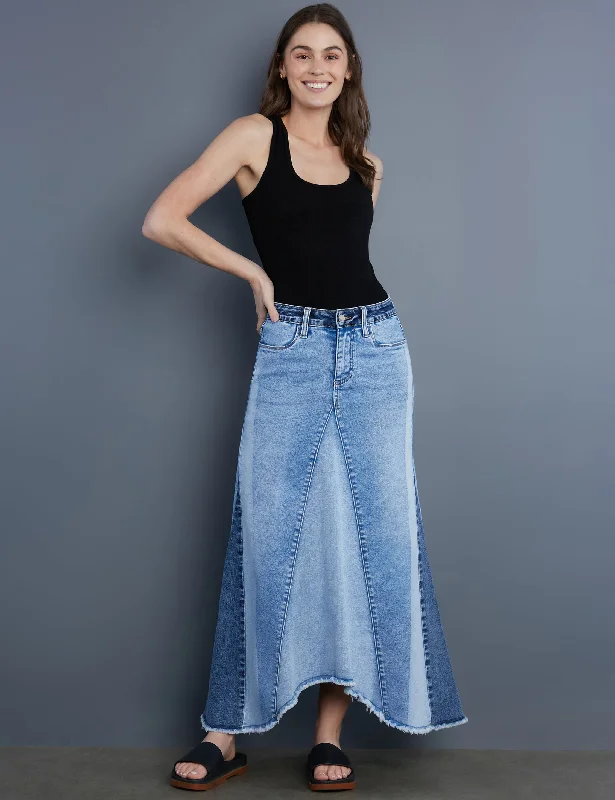 Selma Patchwork Maxi Skirt denim skirt casual