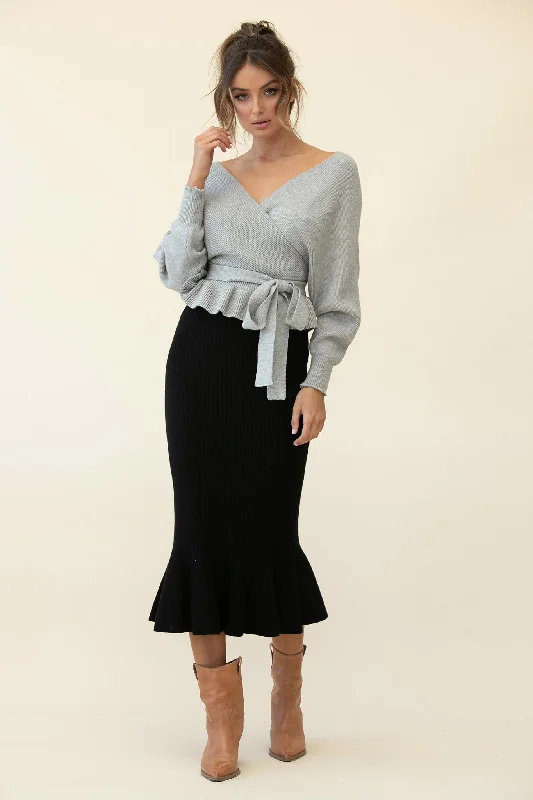 Shalon Ribbed Knit Fluted Hem Midi Skirt Antique Black lightweight skirt design