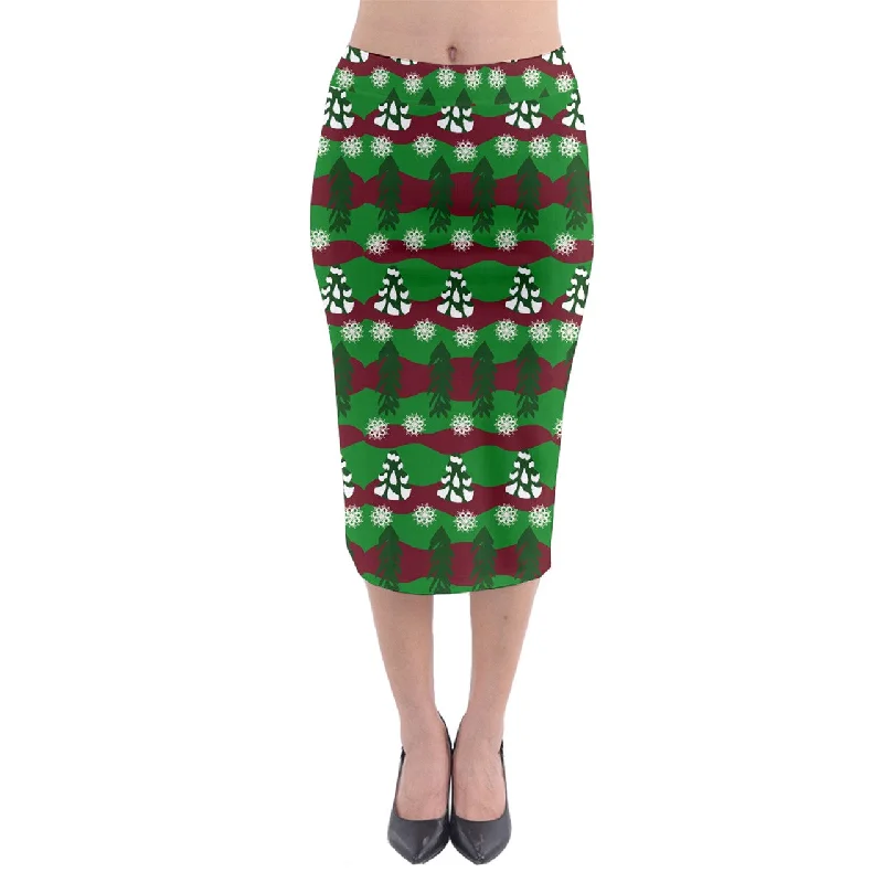 snowy evergreen pattern Midi Pencil Skirt velvet skirt glossy