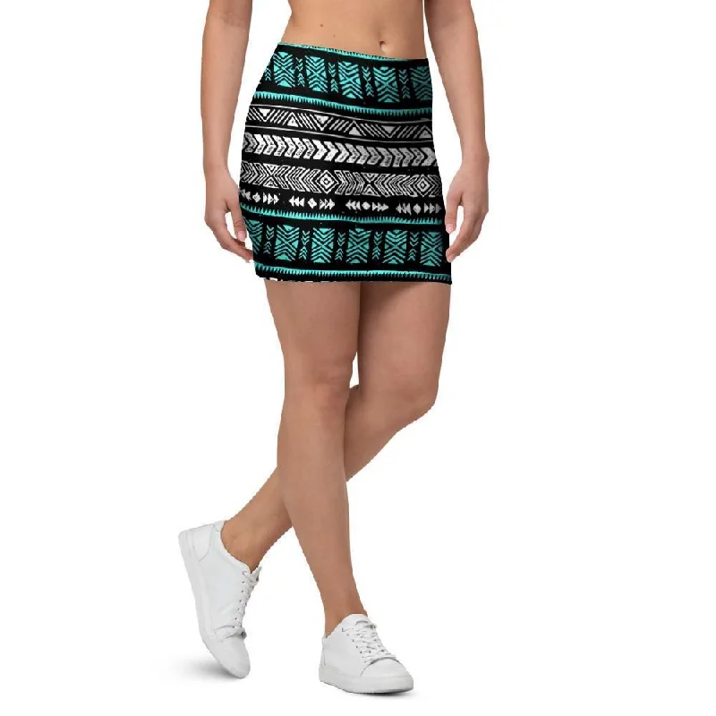 White and Turquoise Tribal Navajo Hand Drawn Mini Skirt floral skirt print