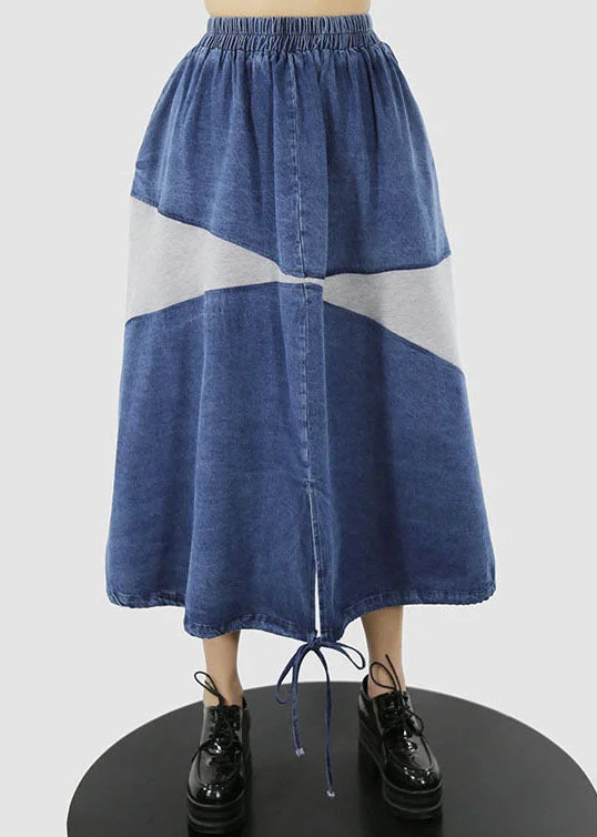 Women Blue white elastic waist drawstring Patchwork denim Skirt Spring silk skirt sleek