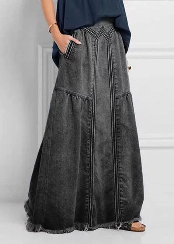 Women Distressed Solid Color Elastic Waist Loose Denim Skirt With Pocket lace skirt romantic