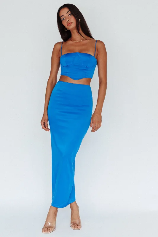 Zeina Satin Midi Skirt Blue button skirt front